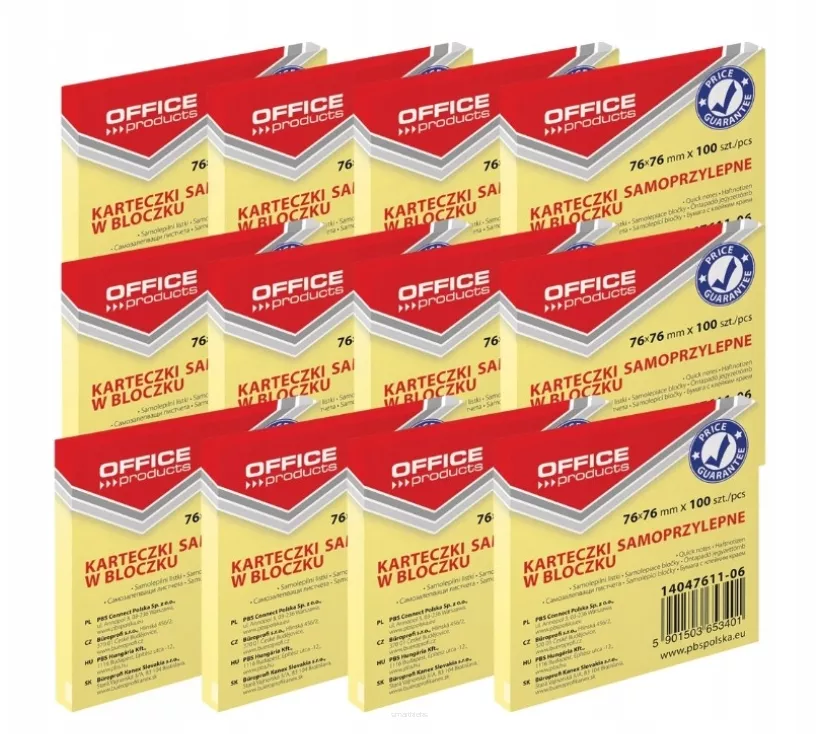 12 x Karteczki Samoprzylepne w Bloczku Żółte 76x76mm smartkleks.pl