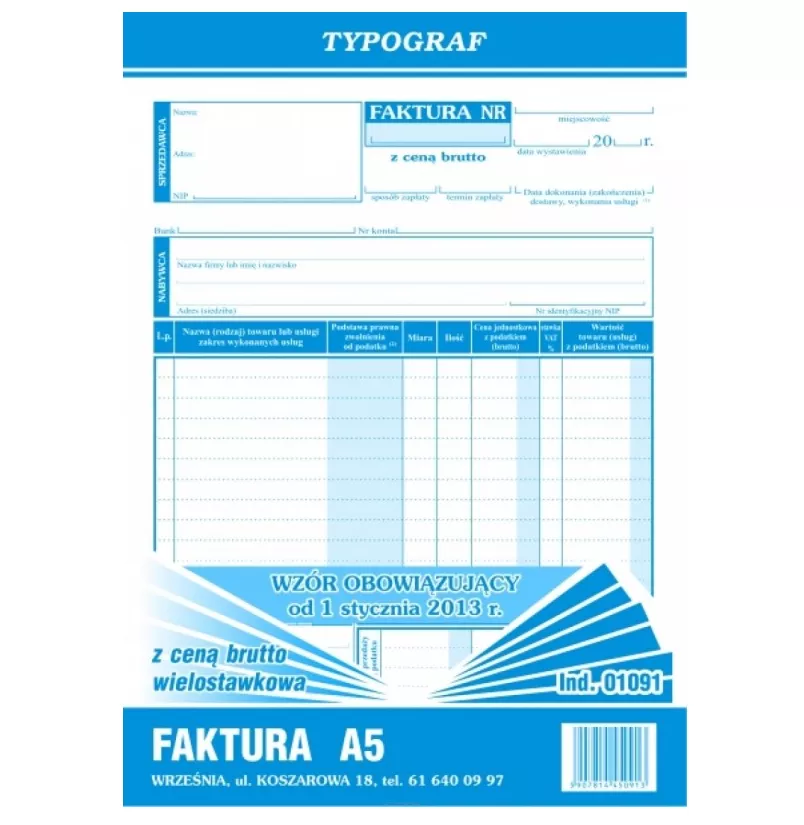 Faktura A5 Typograf 01091 z ceną brutto wielostawkowa