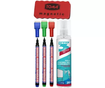 Zestaw 3x Marker Kamet Płyn Tres Gąbka Toma do Tablic Suchościeralnych