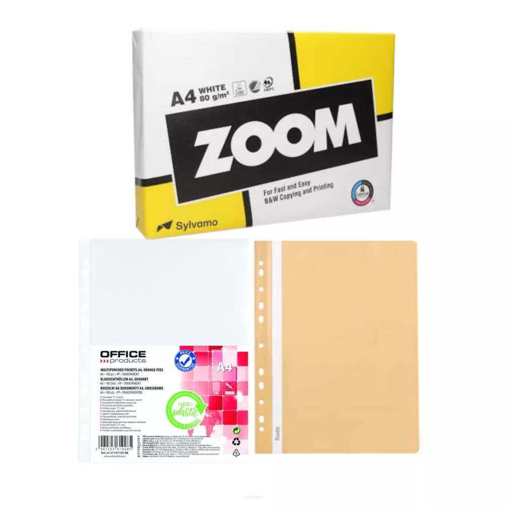 ZESTAW BIUROWY - papier ksero A4 + koszulki 100szt + skoroszyt 25szt