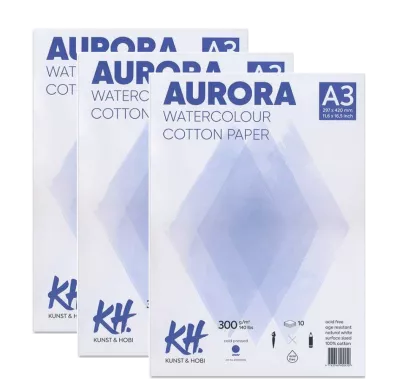 3 x Papier do Akwareli AURORA 100% Bawełna Cold Pressed A3