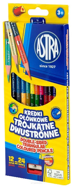 Kredki Ołówkowe Trójkątne Dwustronne 24 Kolory Astra