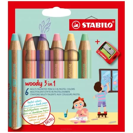 Kredki Woody 3w1 6 kolorów pastelowych + temperówka smartkleks.pl