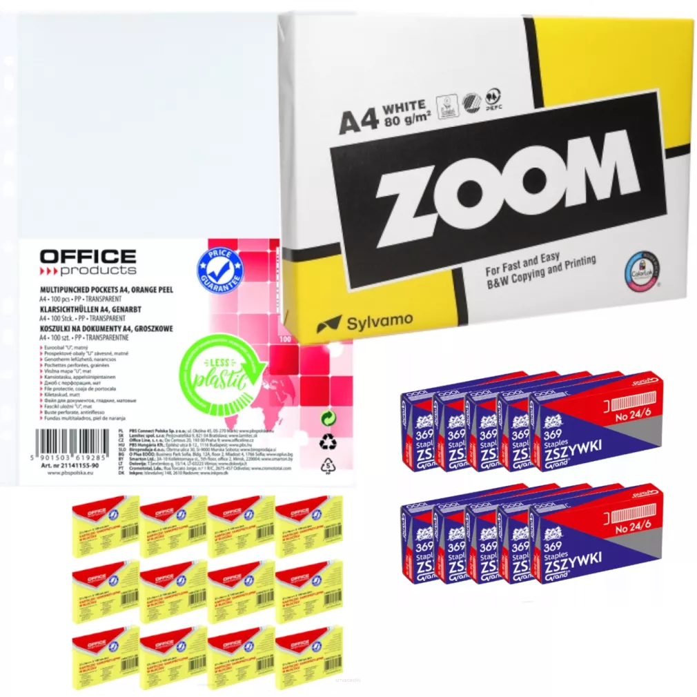 ZESTAW BIUROWY - papier ksero A4 + koszulki 100szt + zszywki 10x1000szt + karteczki samoprzylepne w bloczku 12szt