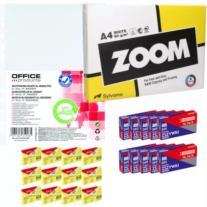 ZESTAW BIUROWY - papier ksero A4 + koszulki 100szt + zszywki 10x1000szt + karteczki samoprzylepne w bloczku 12szt