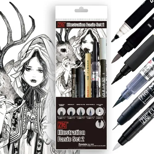 Kuretake Zestaw do ilustracji ILLUSTRATION BASIC SET 2 - 5 pisaków