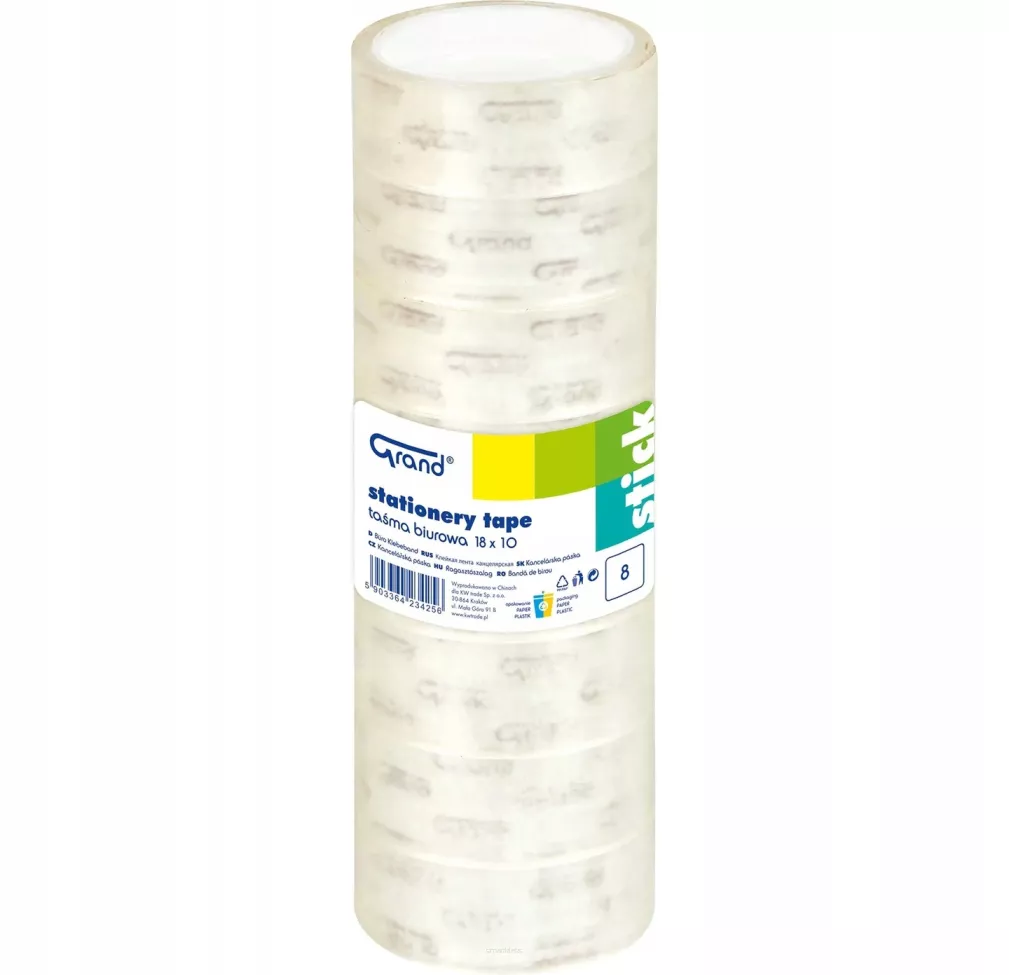 Przezroczysta TAŚMA KLEJĄCA biurowa 18x10m 8szt. GRAND